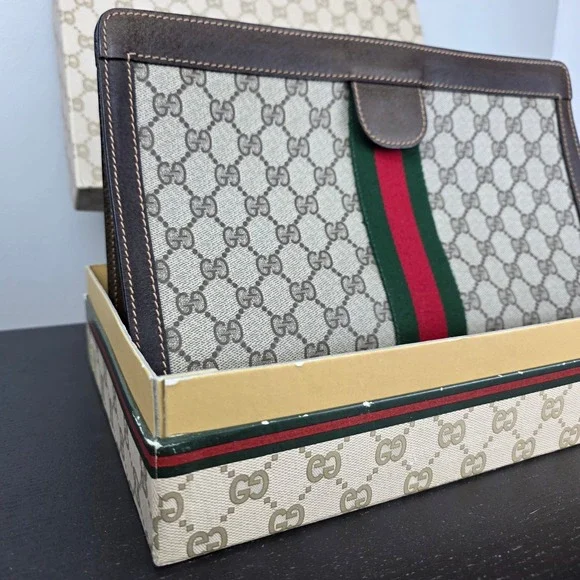 Vintage GUCCI Parfums GG Monogram Large Pouch Clutch Web Stripe NIB Italy 12